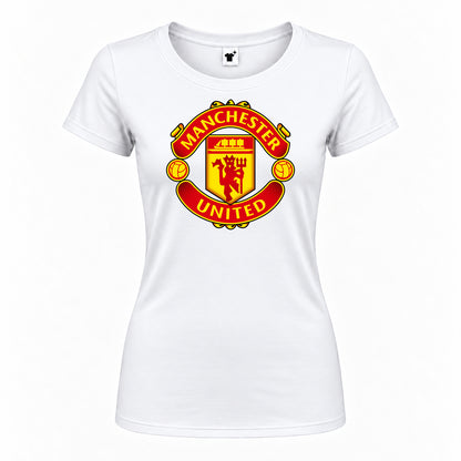 Women's Manchester United Soccer Round Neck T-Shirt — White — original logo on current Drive garment