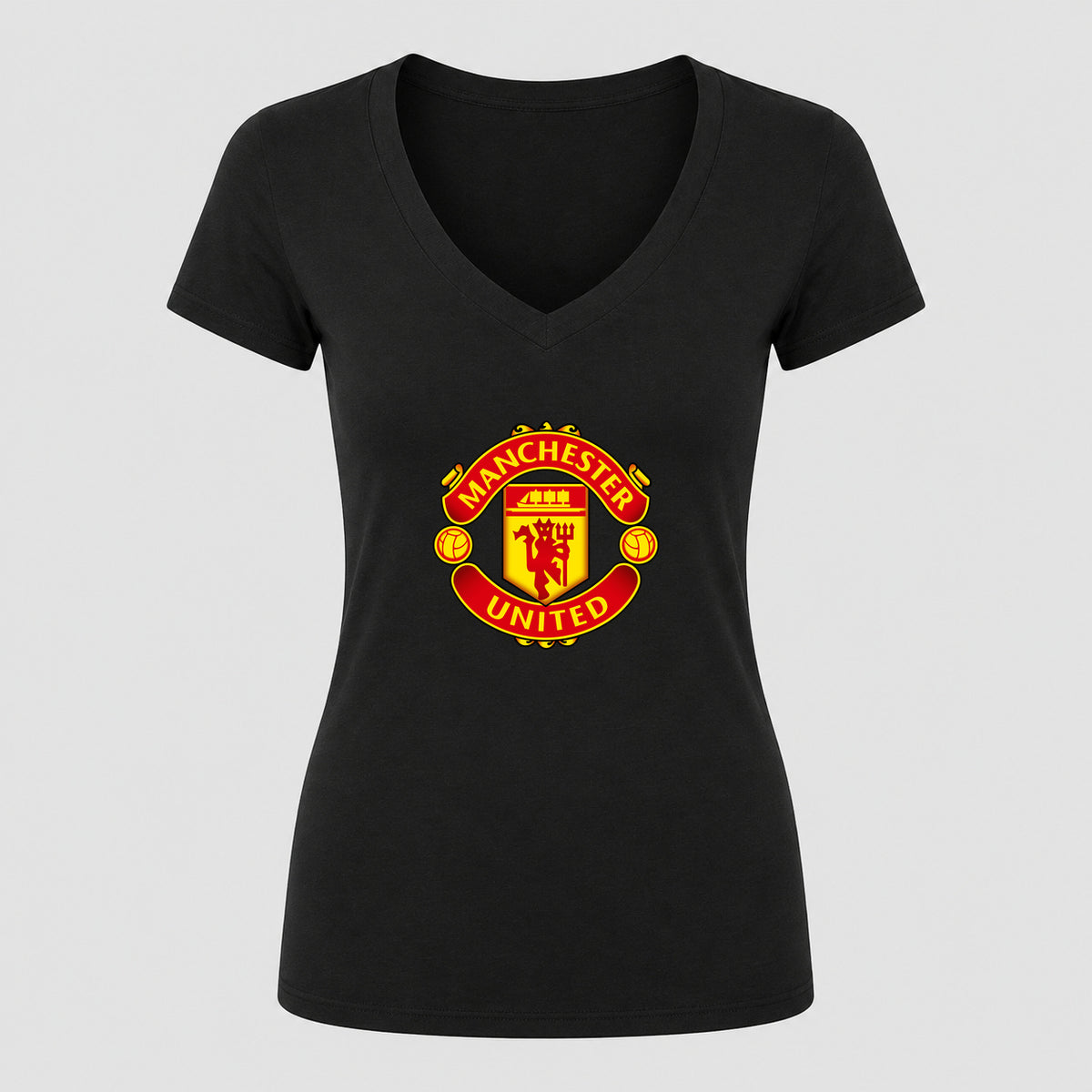 Women's Manchester United Soccer V-Neck T-Shirt | Color: Black | Original artwork on Drive garment