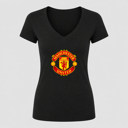 Women's Manchester United Soccer V-Neck T-Shirt | Color: Black | Original artwork on Drive garment