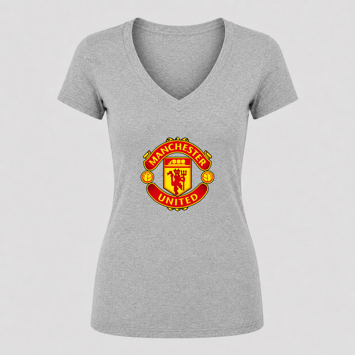 Women's Manchester United Soccer V-Neck T-Shirt | Color: Gray | Original artwork on Drive garment