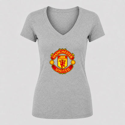 Women's Manchester United Soccer V-Neck T-Shirt | Color: Gray | Original artwork on Drive garment