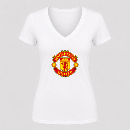 Women's Manchester United Soccer V-Neck T-Shirt | Color: White | Original artwork on Drive garment