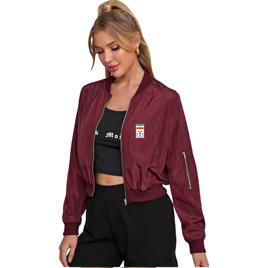 Women's Iran National Soccer Team - Lightweight Bomber Biker Jacket Zip up Windbreaker Crop Bomber Jacket Coat