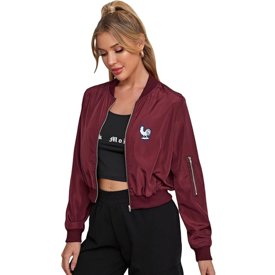 Women's  France National Soccer Team - Lightweight Bomber Biker Jacket Zip up Windbreaker Crop Bomber Jacket Coat