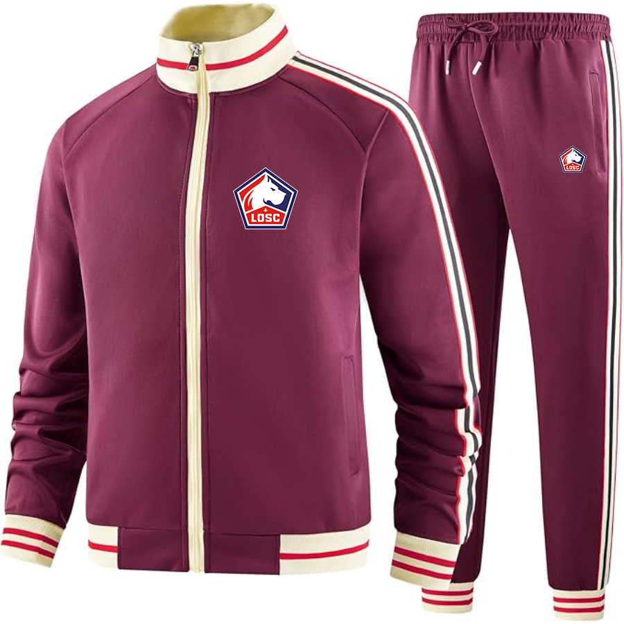 Men's Lille Olympique FC - Premium Two-Piece Designer Tracksuit with Bold Striped Accents and Zippered Front - Elevated Athletic Wear