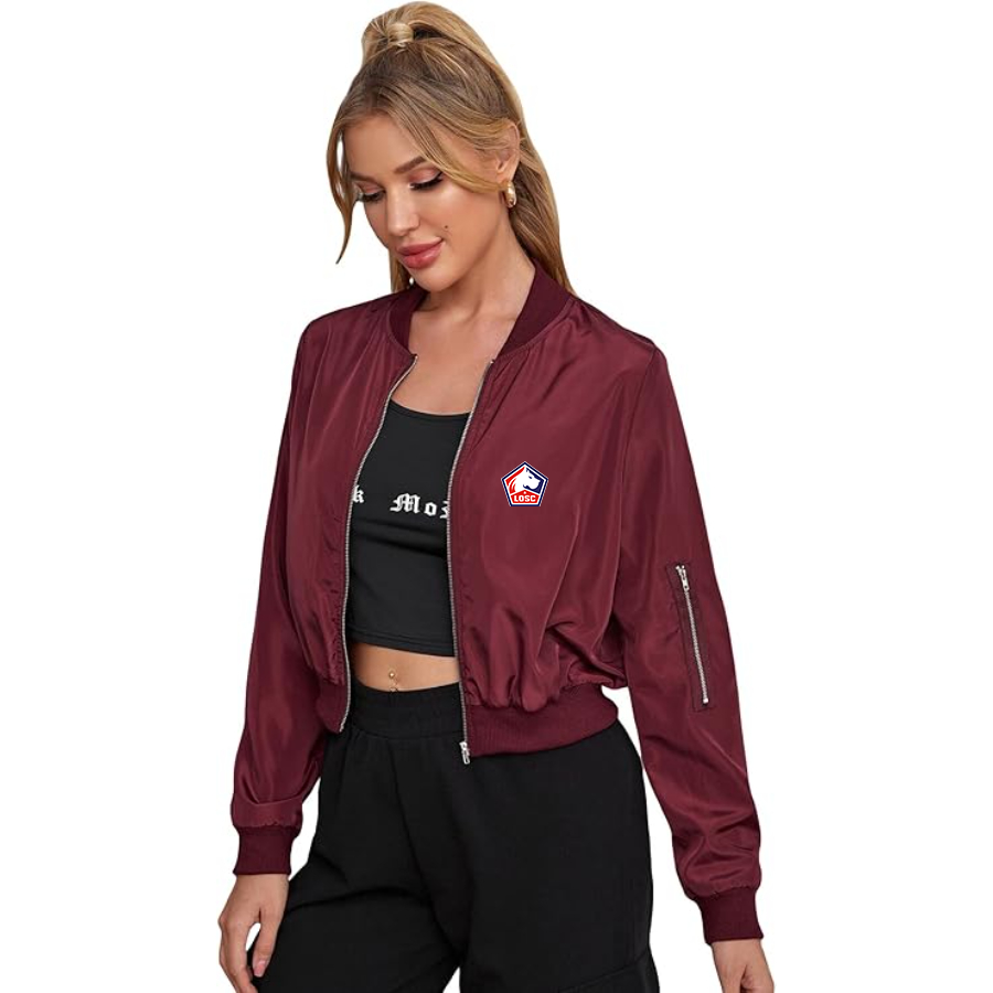 Women's  Lille Olympique FC - Lightweight Bomber Biker Jacket Zip up Windbreaker Crop Bomber Jacket Coat