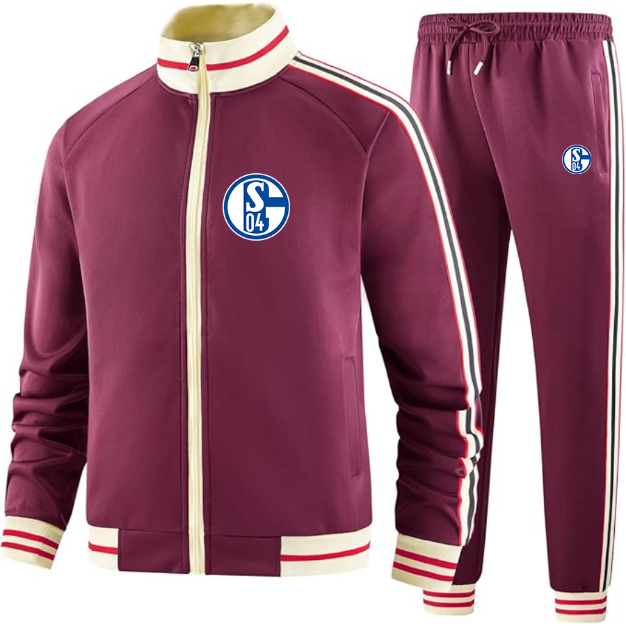 Men's  Schalke 04 FC - Premium Two-Piece Designer Tracksuit with Bold Striped Accents and Zippered Front - Elevated Athletic Wear