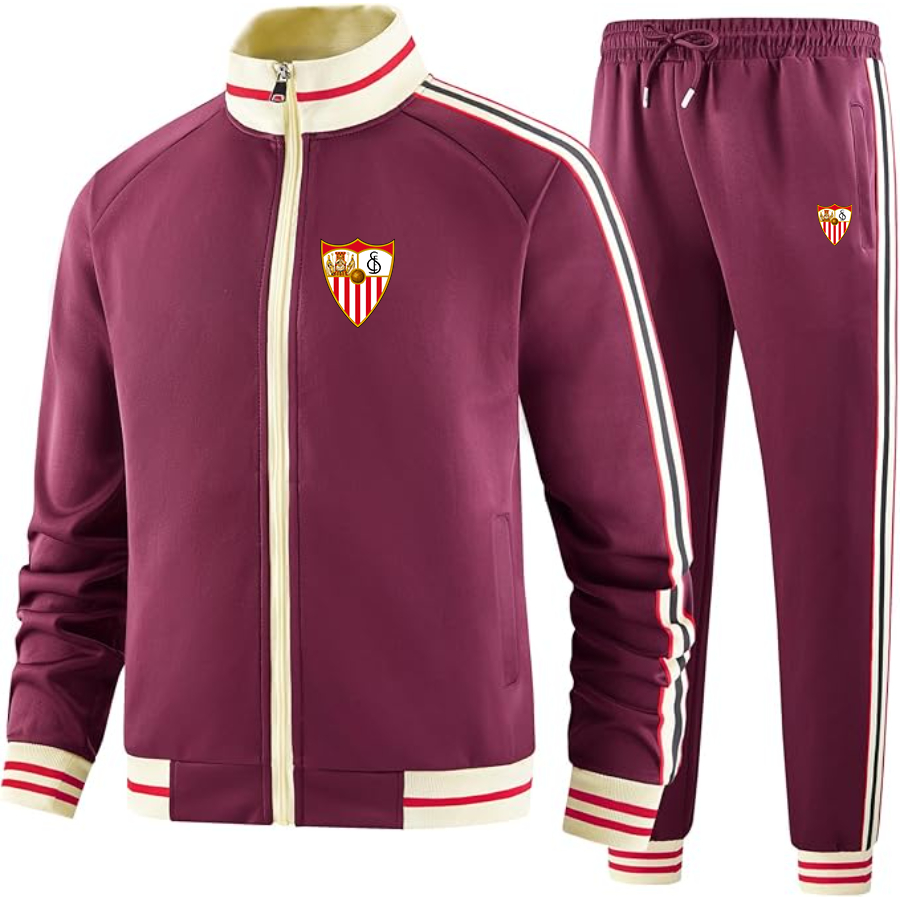 Men's  Sevilla FC  - Premium Two-Piece Designer Tracksuit with Bold Striped Accents and Zippered Front - Elevated Athletic Wear