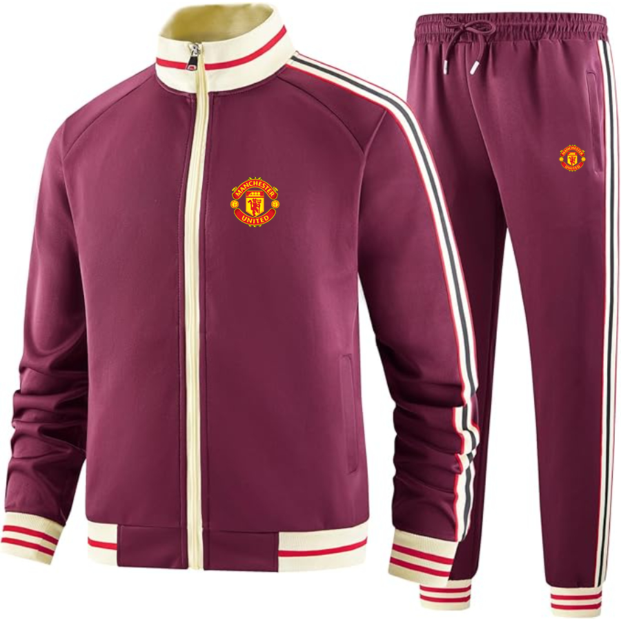 Men's  Manchester United Soccer - Premium Two-Piece Designer Tracksuit with Bold Striped Accents and Zippered Front - Elevated Athletic Wear