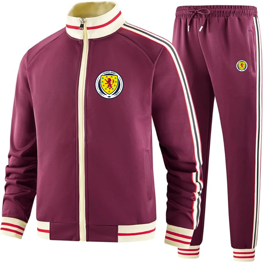 Men's  Scotland National Soccer Team  - Premium Two-Piece Designer Tracksuit with Bold Striped Accents and Zippered Front - Elevated Athletic Wear