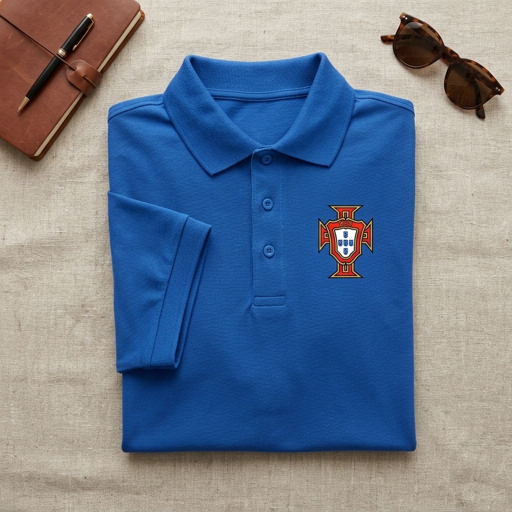 Overhead shot of Portugal soccer team Dry Blend Polo laid flat on textured surface with accessories, showcasing fabric and design.