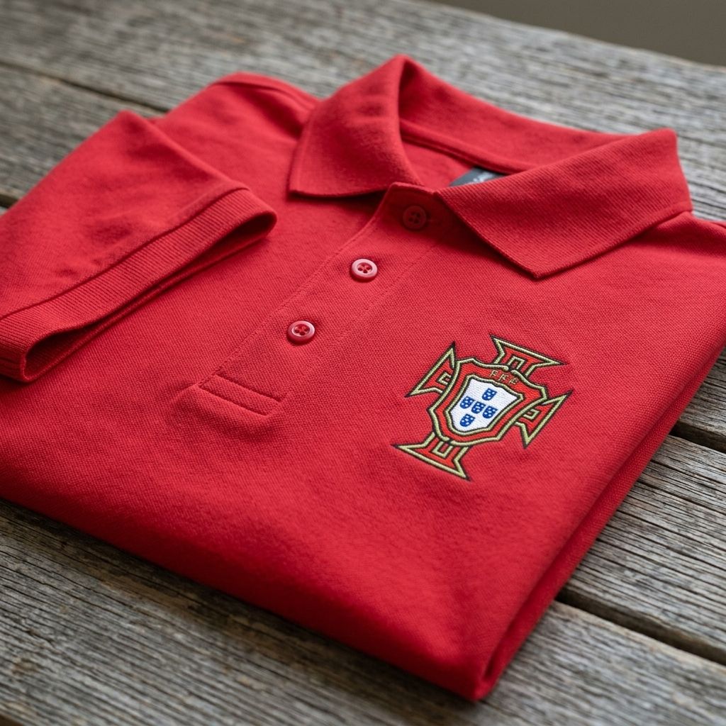 Close-up of Men's Portugal soccer team Dry Blend Polo highlighting collar, buttons, and moisture-wicking fabric details.