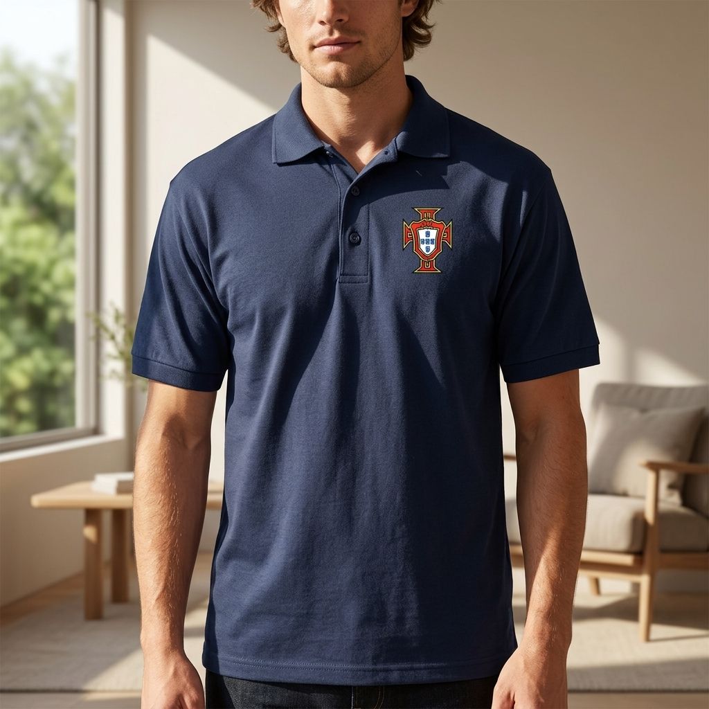 Close-up of men's Portugal soccer team Dry Blend polo highlighting textured knit fabric, collar, buttons, and moisture-wicking fabric.