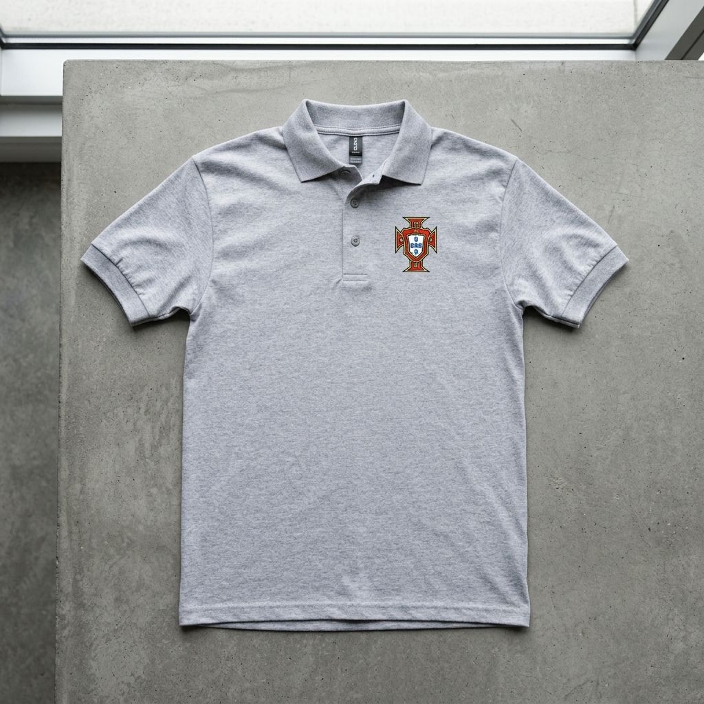 Flat lay of Portugal soccer polo on textured surface highlighting placket, buttons, and fabric sheen.