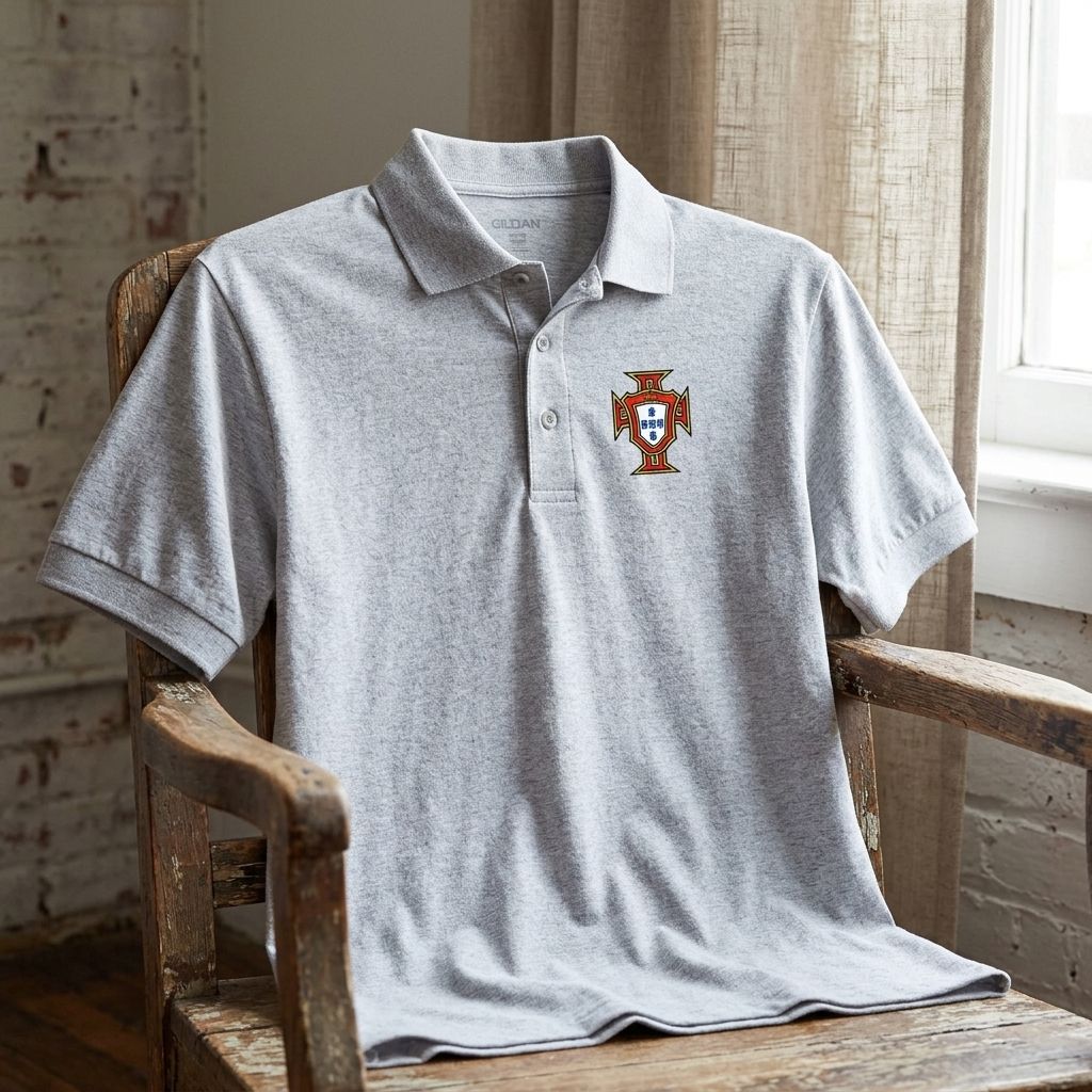 Indoor scene of Portugal soccer polo draped over rustic chair emphasizing breathable fabric and stitching details.