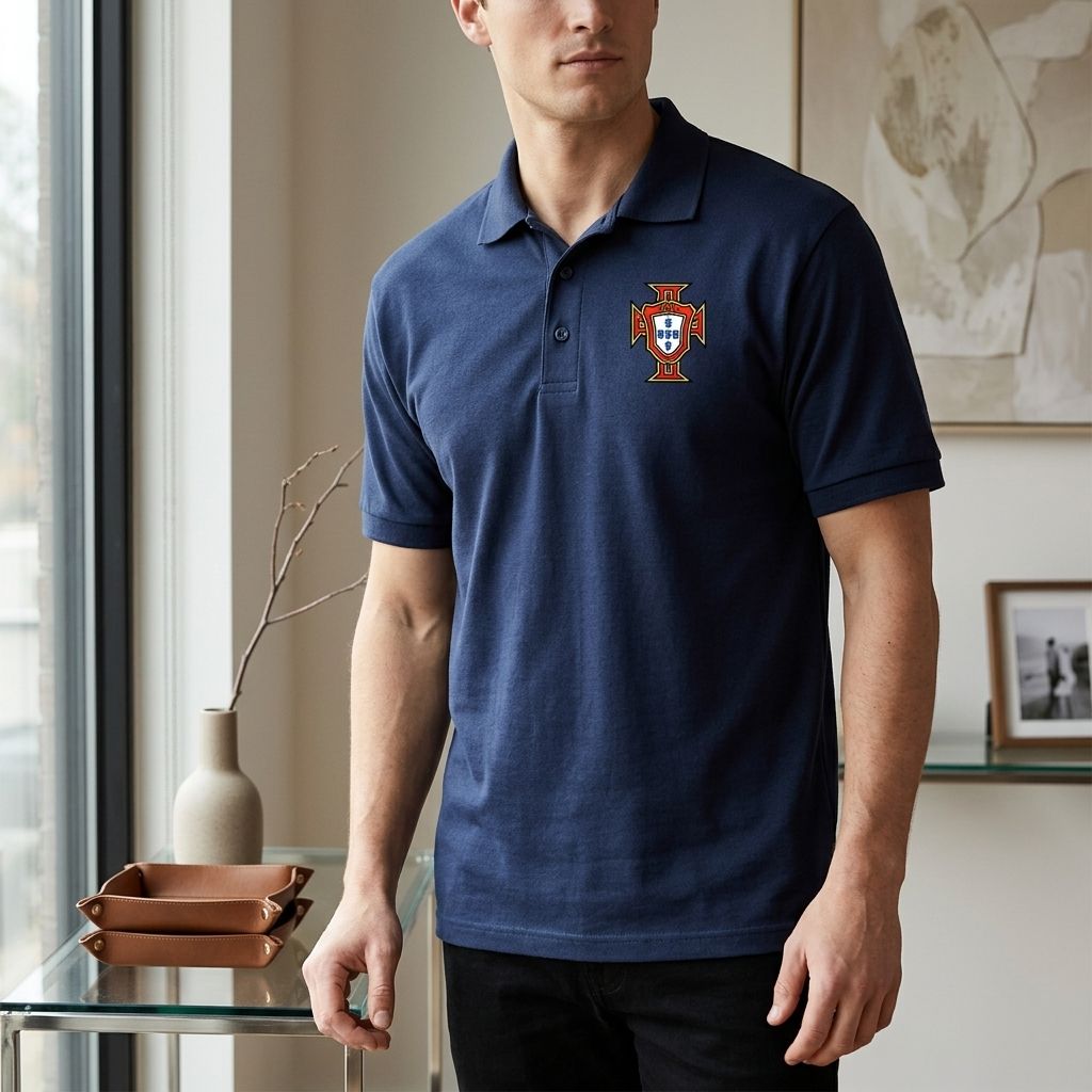 Male model wearing Portugal soccer polo indoors, standing by modern table, highlighting clean finish and fabric quality.