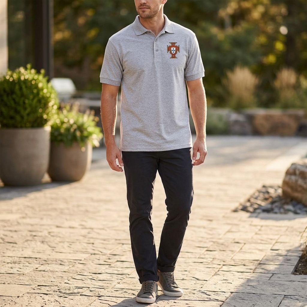Male model wearing Portugal soccer team polo in outdoor setting with sunlight highlighting fabric’s natural drape.
