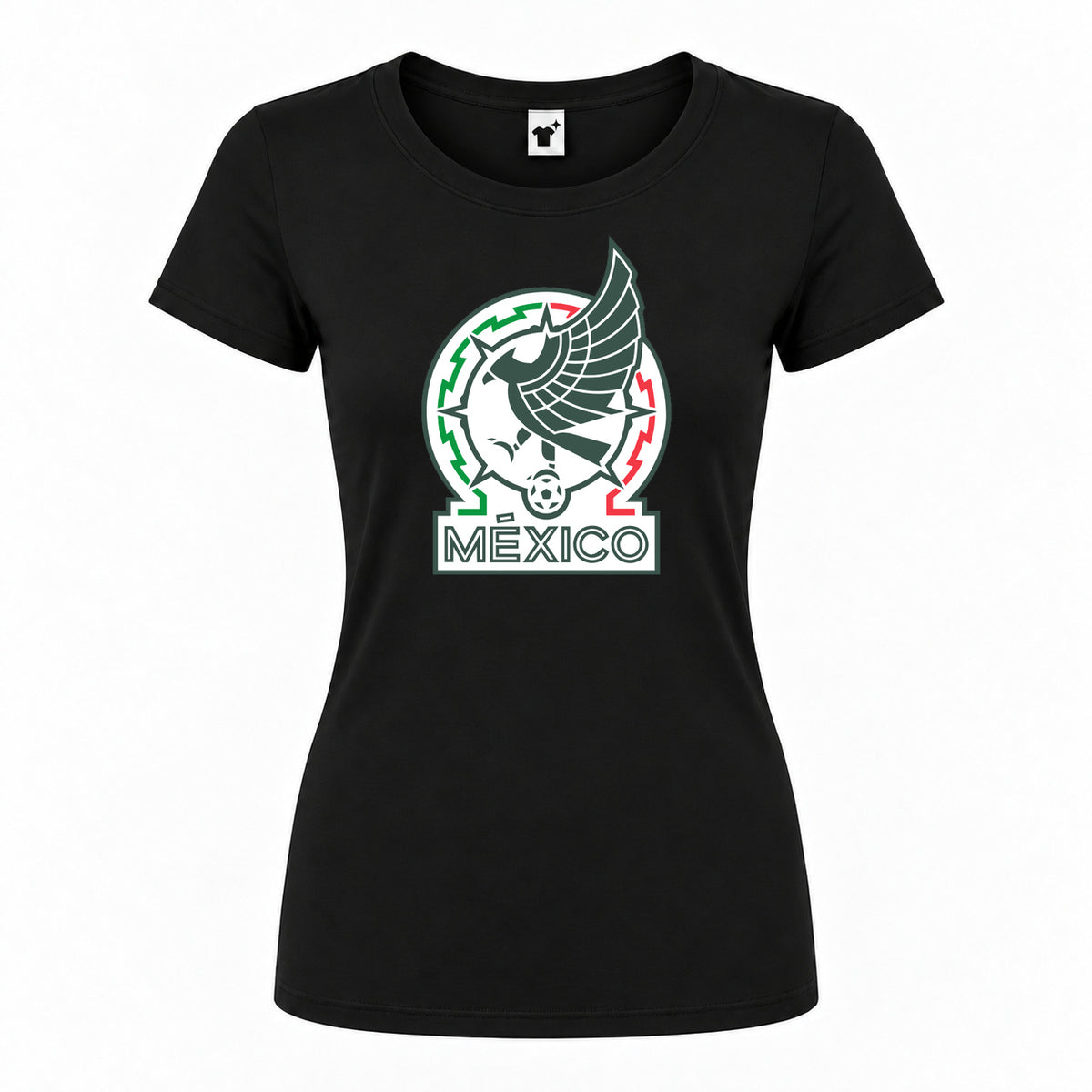 Women's Mexico Soccer Round Neck T-Shirt — Black — original logo on current Drive garment