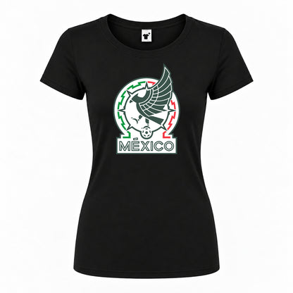 Women's Mexico Soccer Round Neck T-Shirt — Black — original logo on current Drive garment