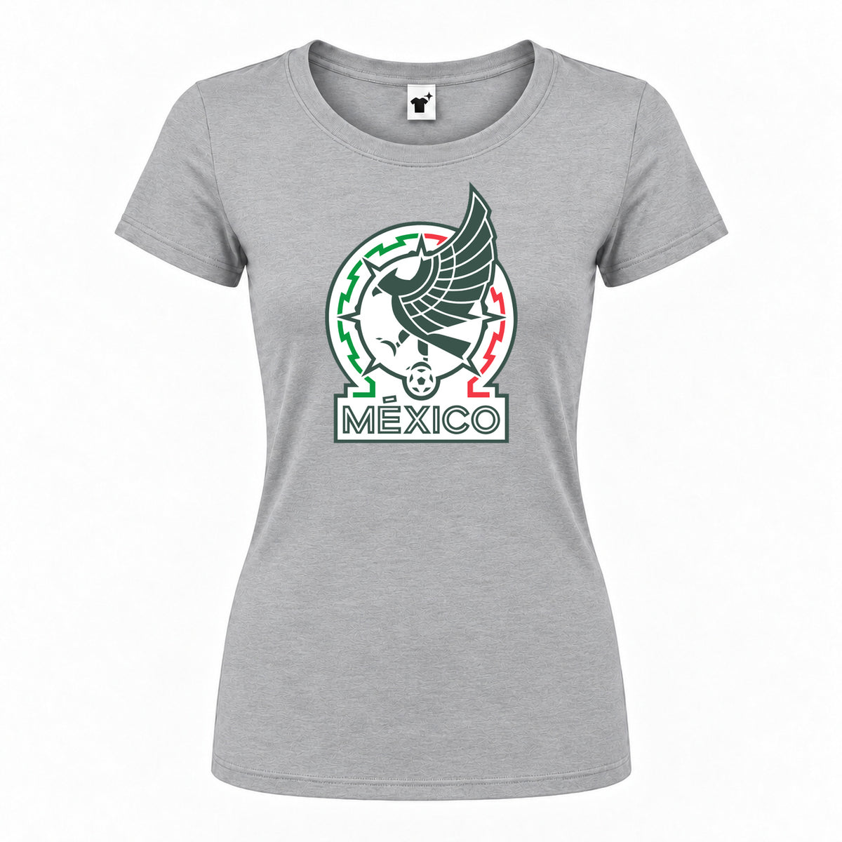 Women's Mexico Soccer Round Neck T-Shirt — Grey — original logo on current Drive garment
