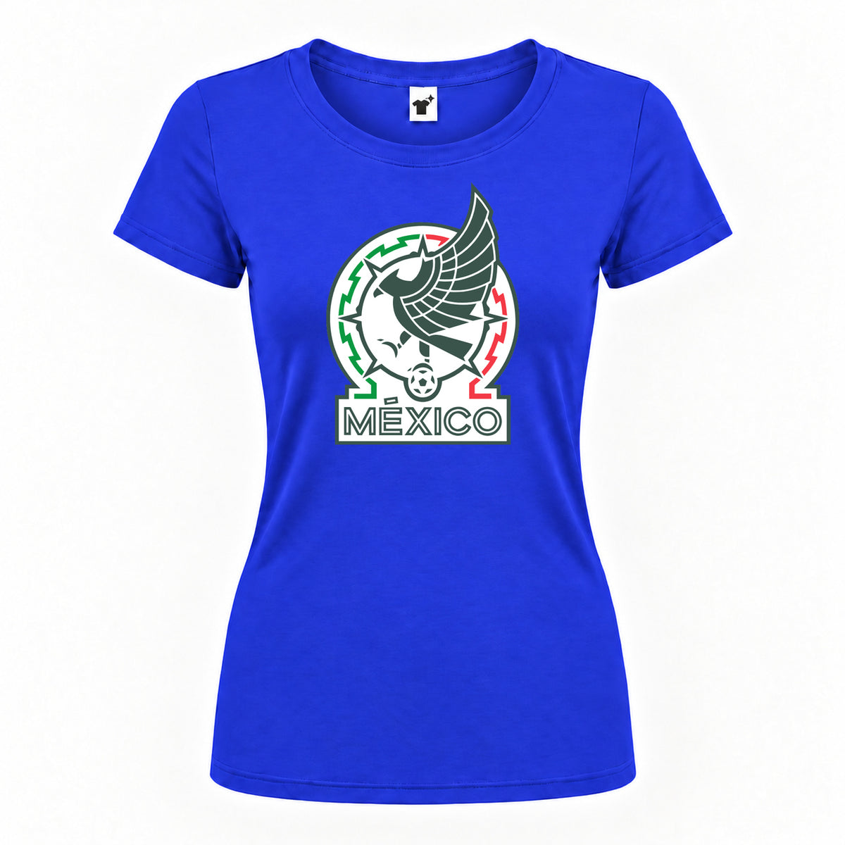 Women's Mexico Soccer Round Neck T-Shirt — Royal Blue — original logo on current Drive garment
