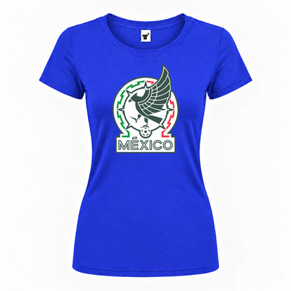 Women's Mexico Soccer Round Neck T-Shirt — Royal Blue — original logo on current Drive garment