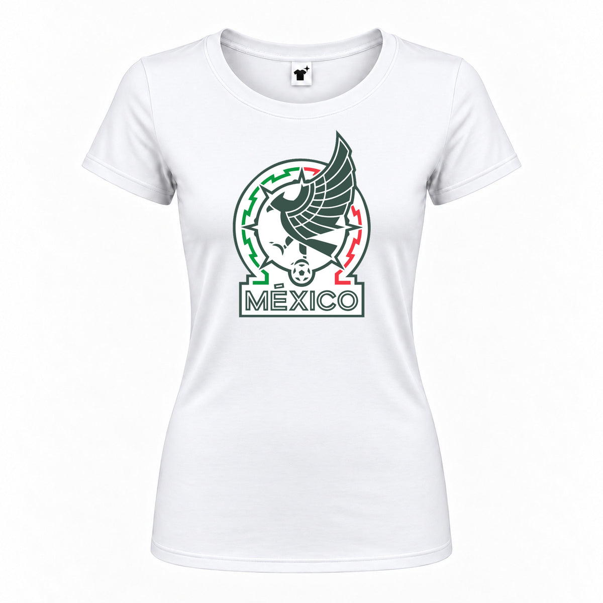 Women's Mexico Soccer Round Neck T-Shirt — White — original logo on current Drive garment