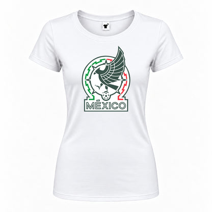 Women's Mexico Soccer Round Neck T-Shirt — White — original logo on current Drive garment