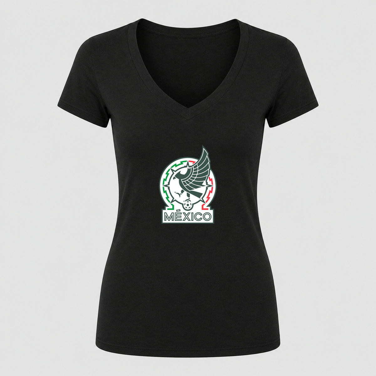 Women's Mexico Soccer V-Neck T-Shirt | Color: Black | Original artwork on Drive garment