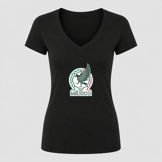 Women's Mexico Soccer V-Neck T-Shirt | Color: Black | Original artwork on Drive garment