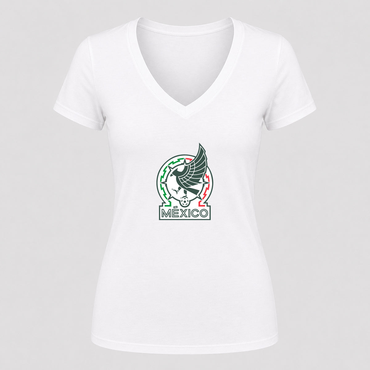 Women's Mexico Soccer V-Neck T-Shirt | Color: White | Original artwork on Drive garment