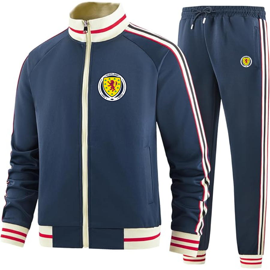 Men's  Scotland National Soccer Team  - Premium Two-Piece Designer Tracksuit with Bold Striped Accents and Zippered Front - Elevated Athletic Wear