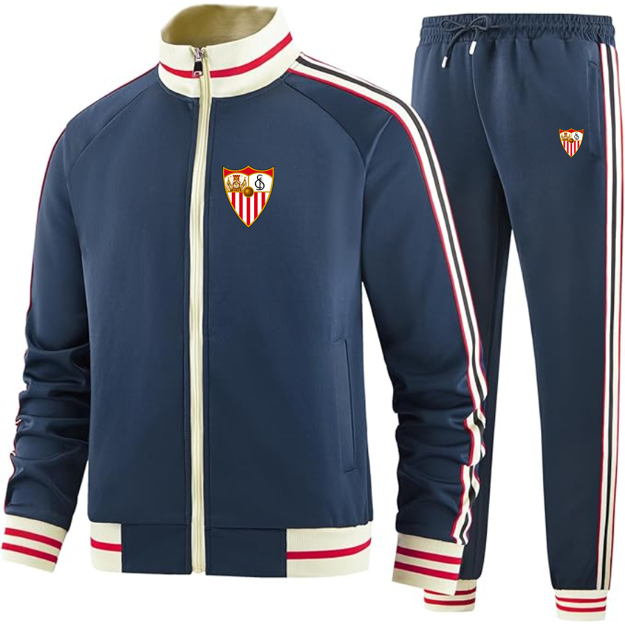 Men's  Sevilla FC  - Premium Two-Piece Designer Tracksuit with Bold Striped Accents and Zippered Front - Elevated Athletic Wear