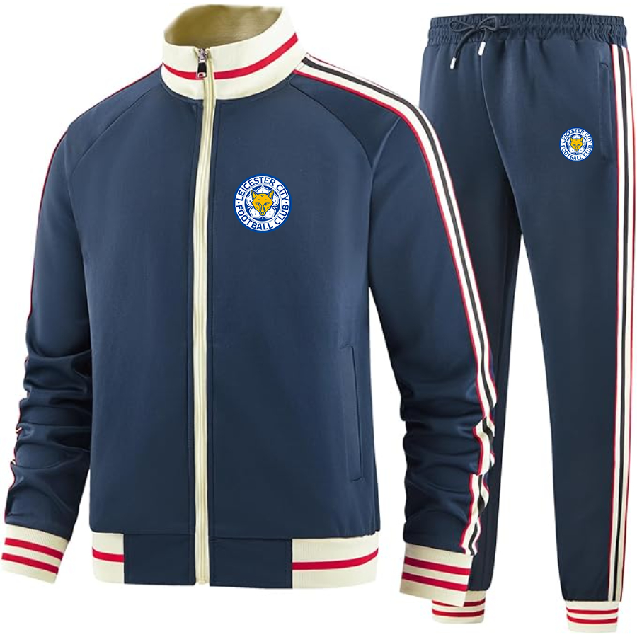 Men's Leicester City FC - Premium Two-Piece Designer Tracksuit with Bold Striped Accents and Zippered Front - Elevated Athletic Wear