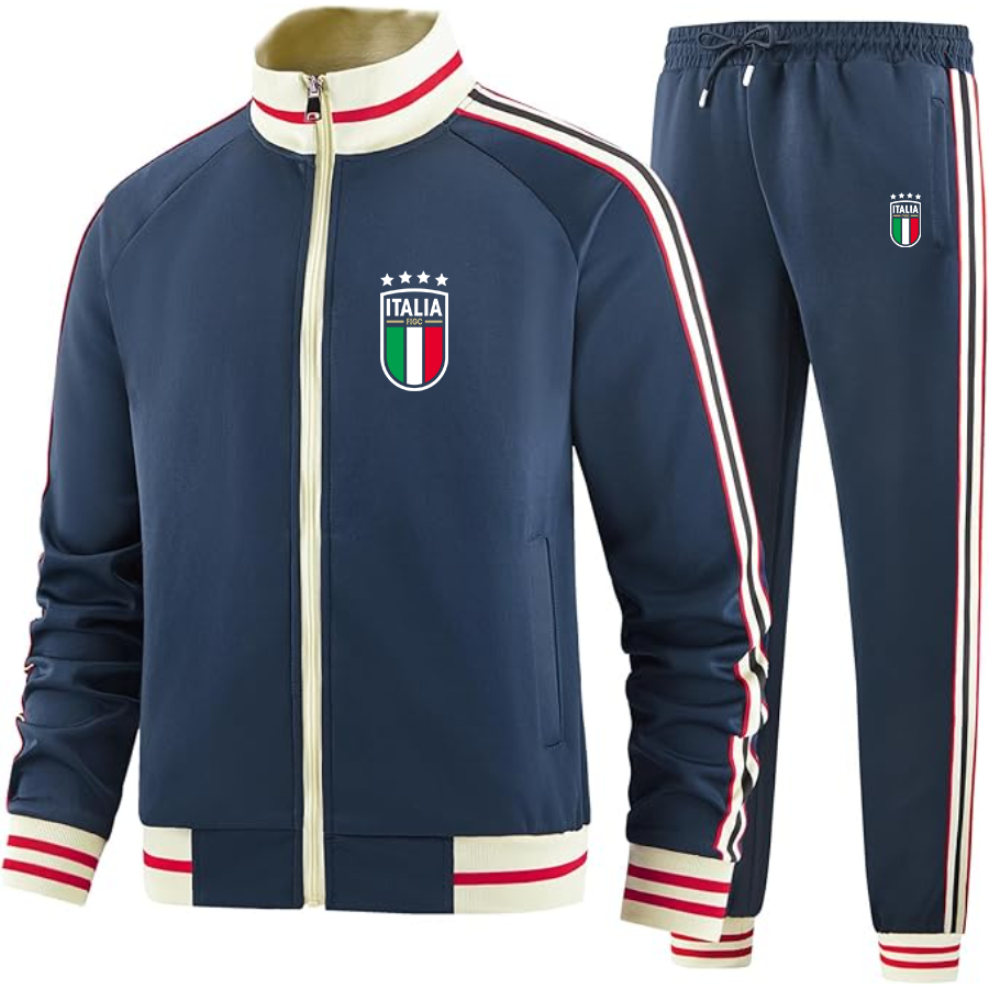 Men's Italy National Soccer Team - Premium Two-Piece Designer Tracksuit with Bold Striped Accents and Zippered Front - Elevated Athletic Wear