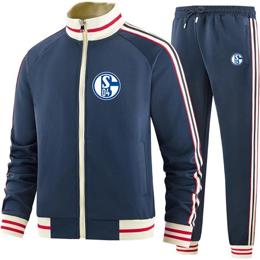 Men's  Schalke 04 FC - Premium Two-Piece Designer Tracksuit with Bold Striped Accents and Zippered Front - Elevated Athletic Wear