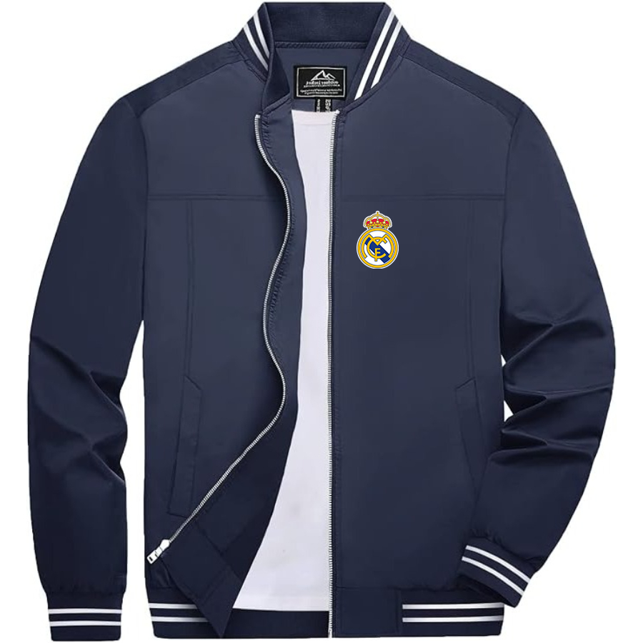 Men’s    Real Madrid Soccer   Lightweight Zip-Up Bomber Jacket with Ribbed Collar and Cuffs - Versatile Casual Outerwear