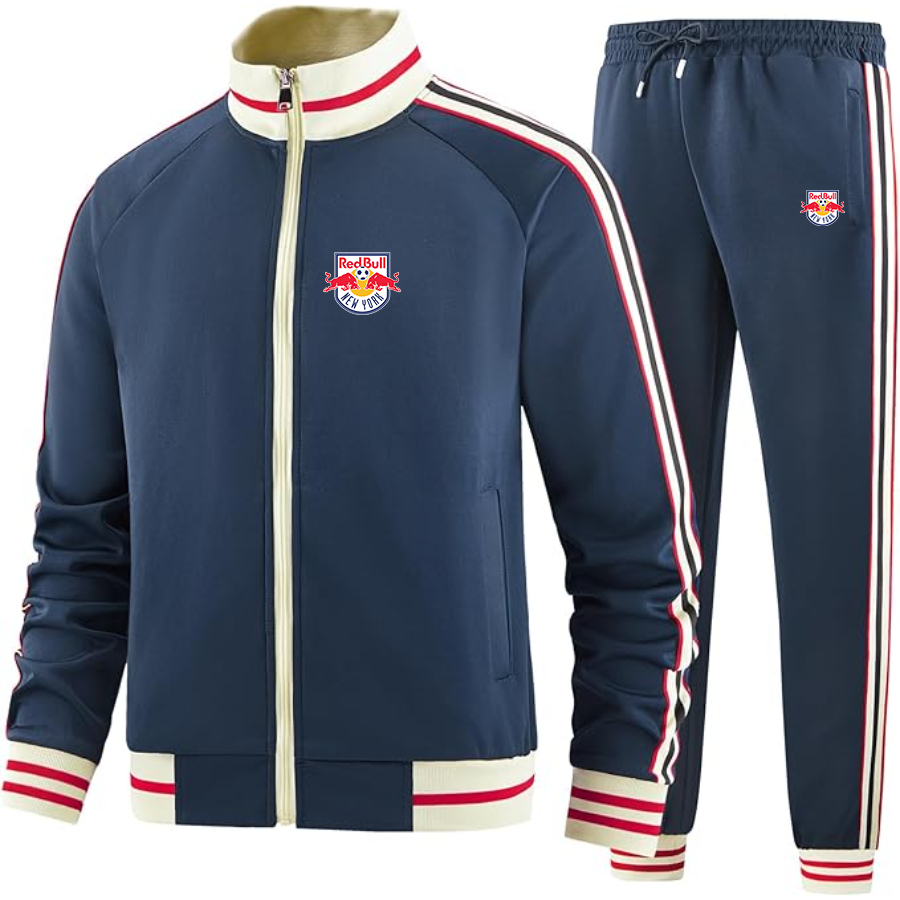 Men's  New York Red Bulls FC - Premium Two-Piece Designer Tracksuit with Bold Striped Accents and Zippered Front - Elevated Athletic Wear