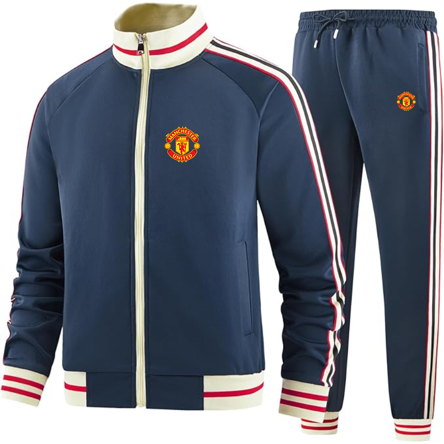 Men's  Manchester United Soccer - Premium Two-Piece Designer Tracksuit with Bold Striped Accents and Zippered Front - Elevated Athletic Wear