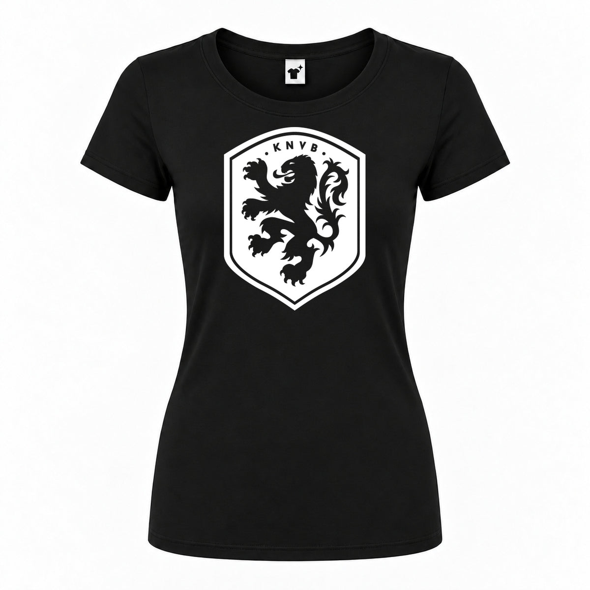 Women's Netherlands National Soccer Team Round Neck T-Shirt — Black — original logo on current Drive garment