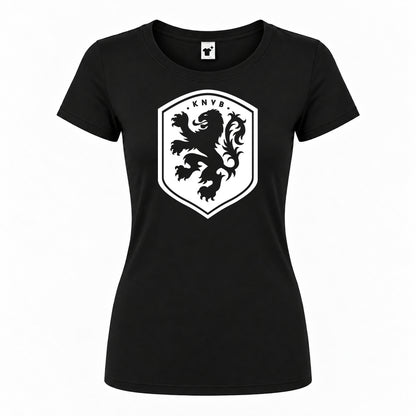 Women's Netherlands National Soccer Team Round Neck T-Shirt — Black — original logo on current Drive garment