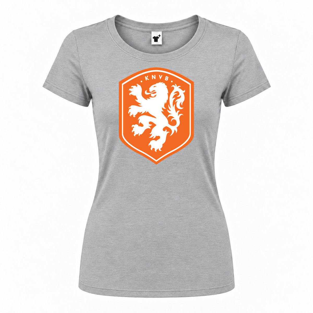 Women's Netherlands National Soccer Team Round Neck T-Shirt — Grey — original logo on current Drive garment