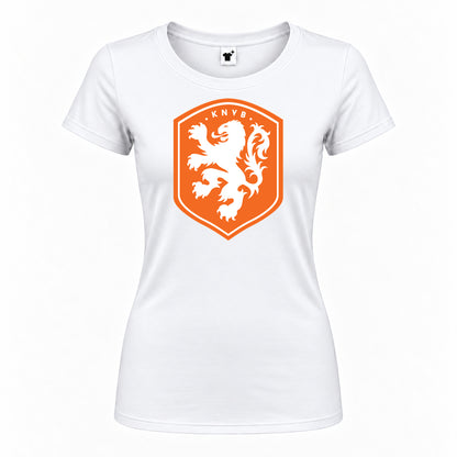 Women's Netherlands National Soccer Team Round Neck T-Shirt — White — original logo on current Drive garment