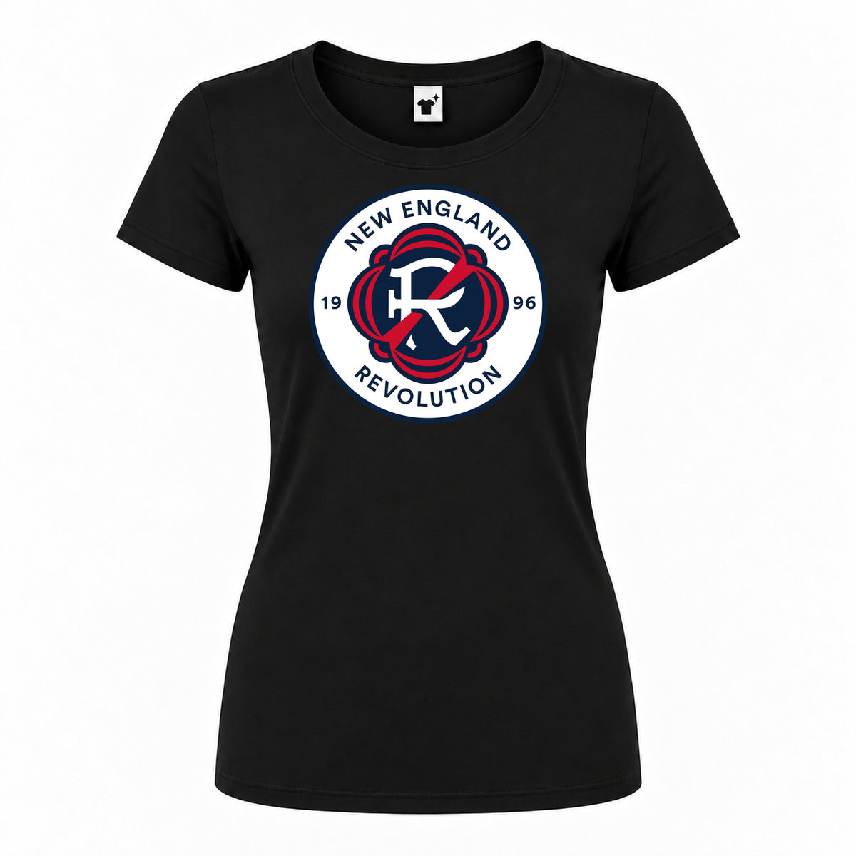 Women's New England Revolution FC Round Neck T-Shirt — Black — original logo on current Drive garment