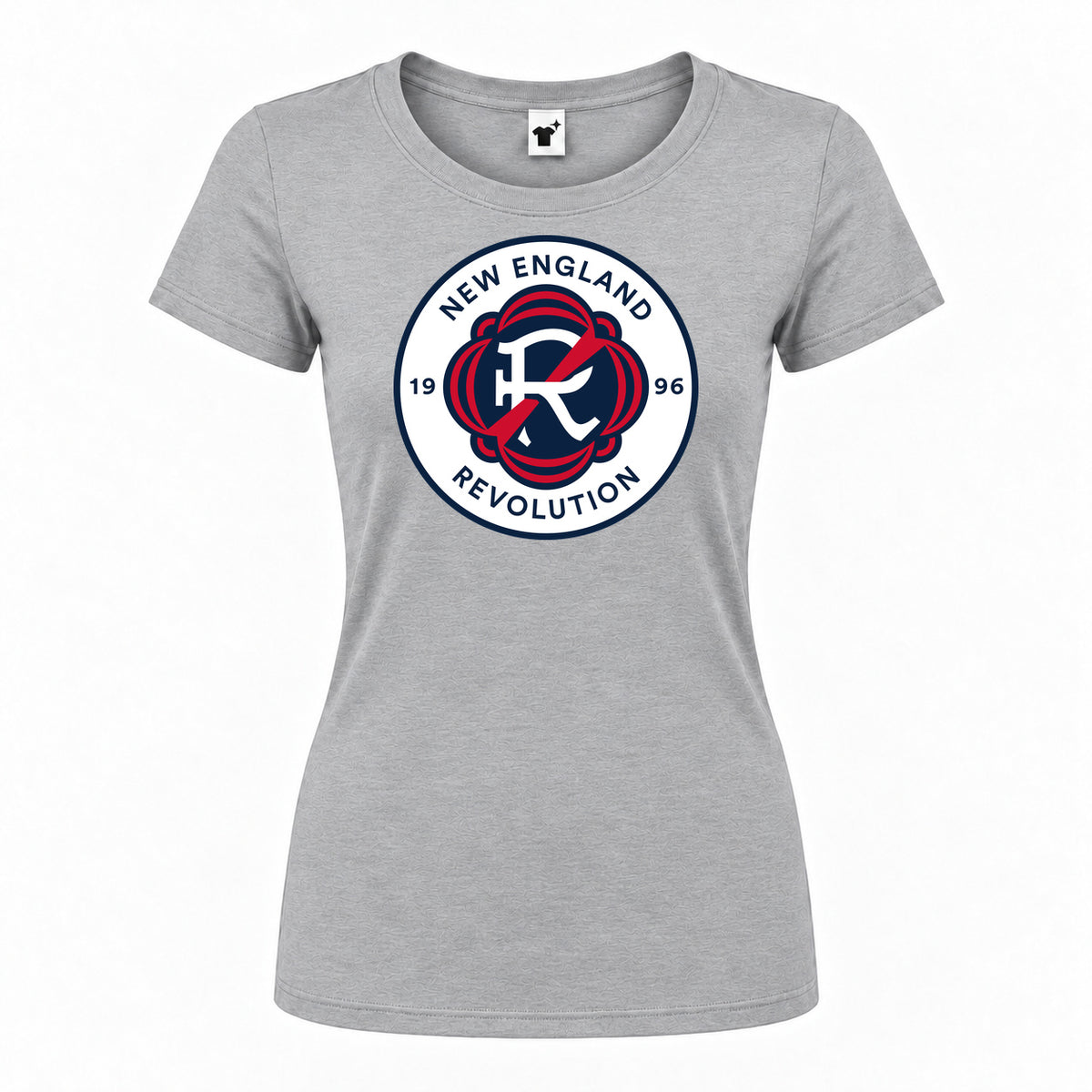 Women's New England Revolution FC Round Neck T-Shirt — Grey — original logo on current Drive garment