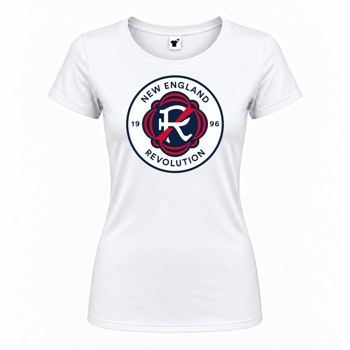 Women's New England Revolution FC Round Neck T-Shirt — White — original logo on current Drive garment