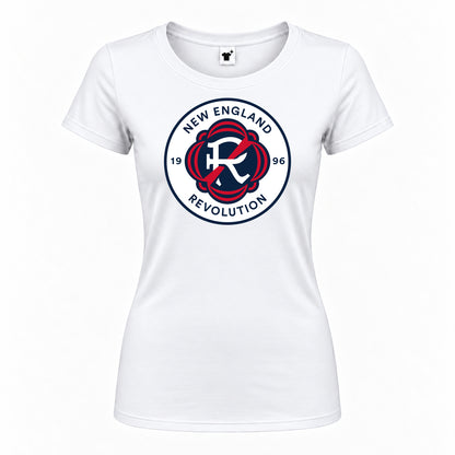 Women's New England Revolution FC Round Neck T-Shirt — White — original logo on current Drive garment