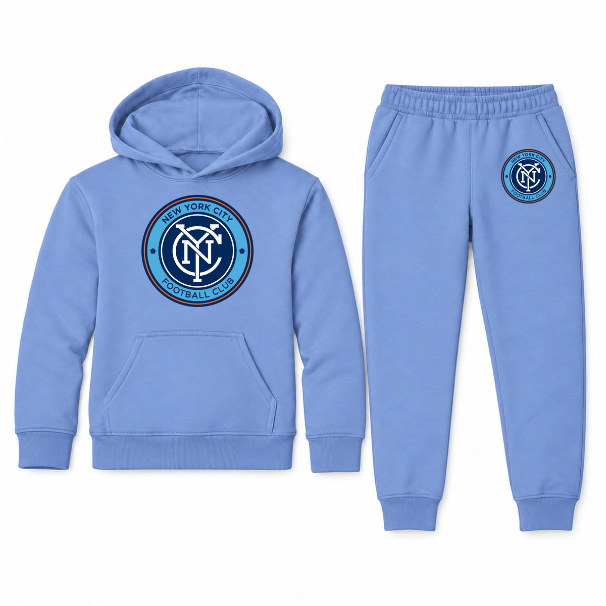New York City FC youth hoodie jogger set, Carolina Blue, Youth Large ages 10–12