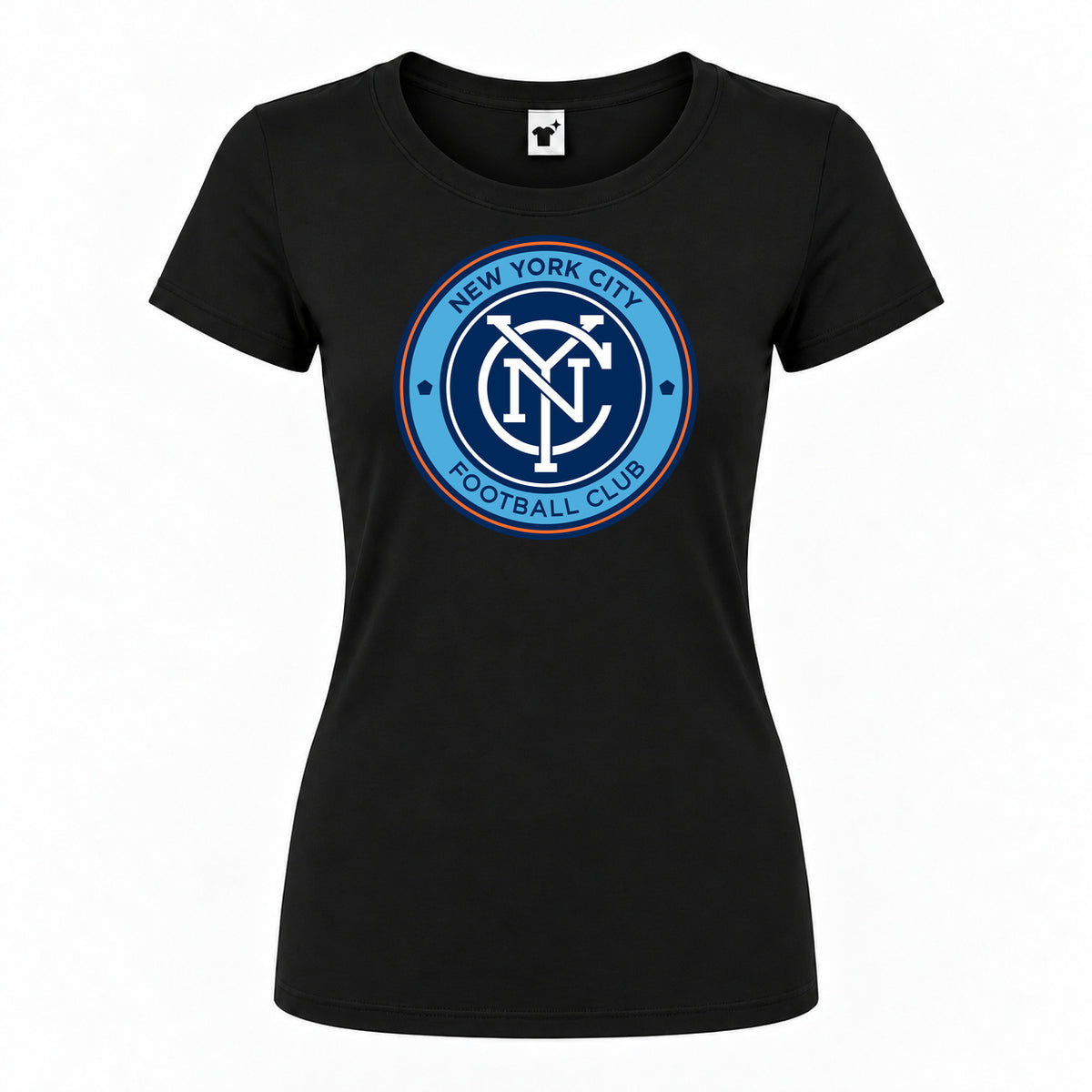 Women's New York City FC Round Neck T-Shirt — Black — original logo on current Drive garment