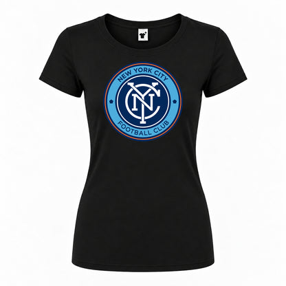 Women's New York City FC Round Neck T-Shirt — Black — original logo on current Drive garment